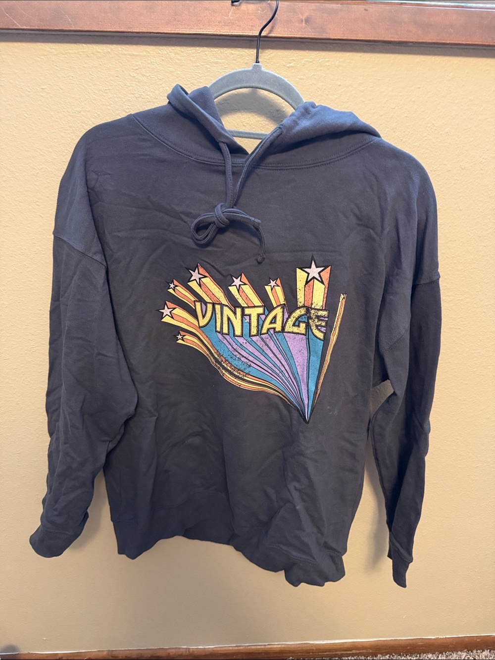 Black Pullover Hoodie with Colorful Retro 'VINTAGE' Graphic
